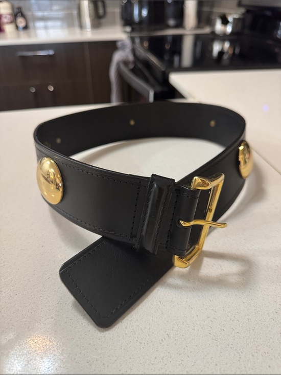 Vintage Accessories - Vintage black leather belt with brass buckle & gold circles- small (as is scuff)